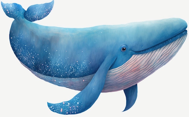 A blue whale with a white background watercolor illustrations cartoon style ai generated