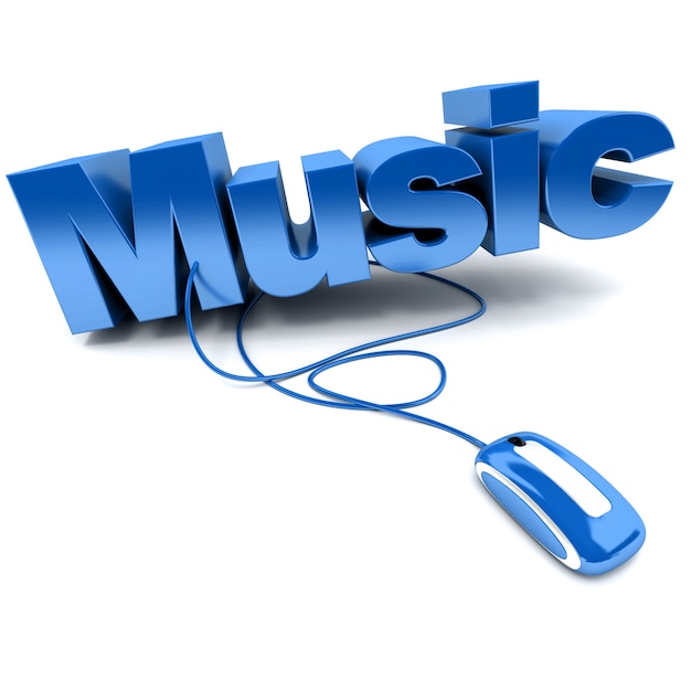 Blue and white 3D illustration of the word music connected to a computer mouse