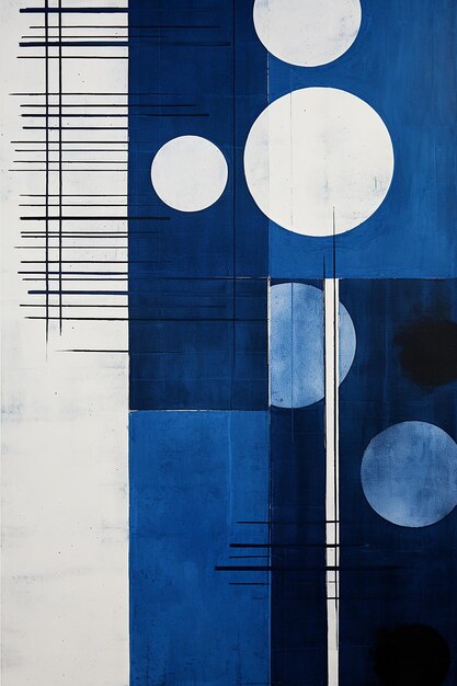 a blue and white abstract painting of circles and dots.