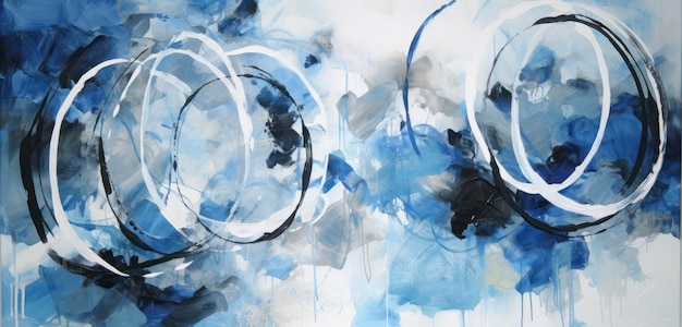 A blue and white abstract painting with circles and the words'blue '