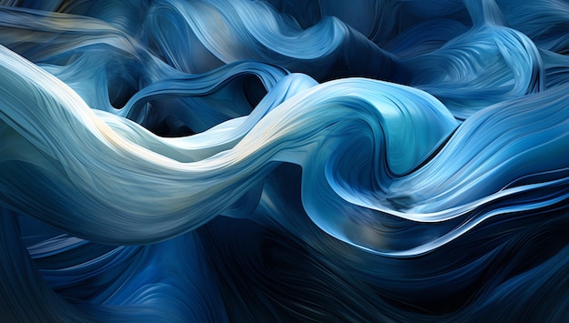 A blue and white abstract painting with a swirl of waves