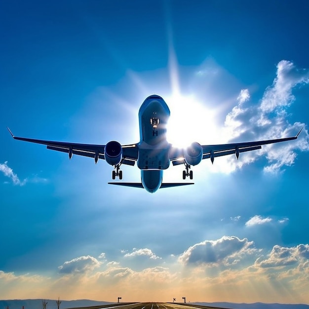 A blue and white airplane is taking off from an airport runway