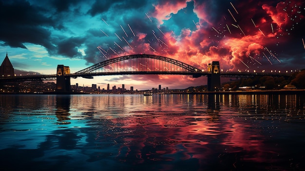 Photo blue_white_and_red_fireworks_over_the_river_night_4th