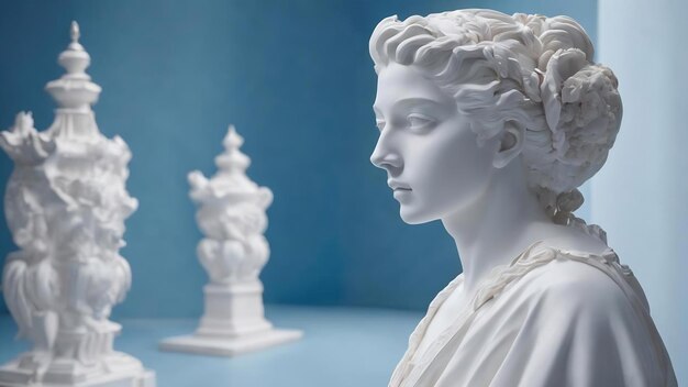 A blue and white background with a blue background and a white sculpture