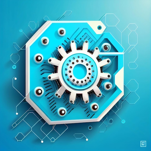 A blue and white background with a blue object and a large gear.