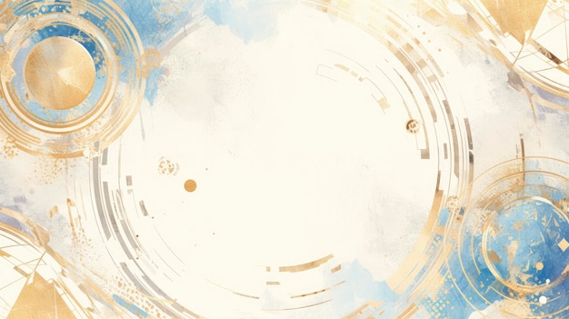 Голубо-белый фон с золотыми кругами, шахматные узоры, акварельные текстуры, японский стиль и геометрические формы