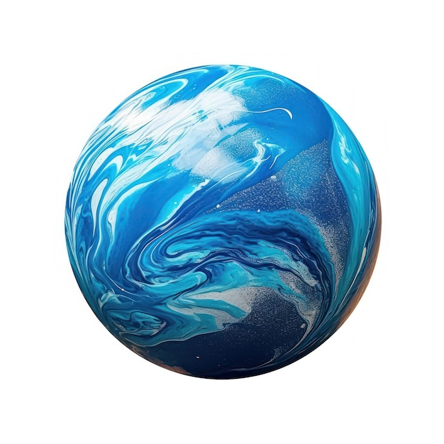 A blue and white ball with a swirly design on it.