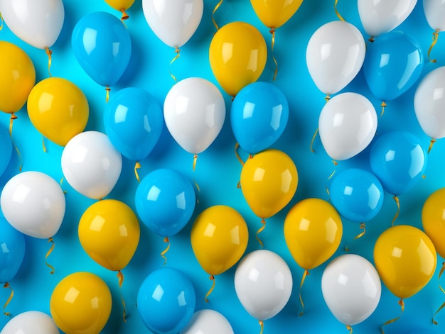 A blue and white balloon with a yellow stripe is on a blue background.