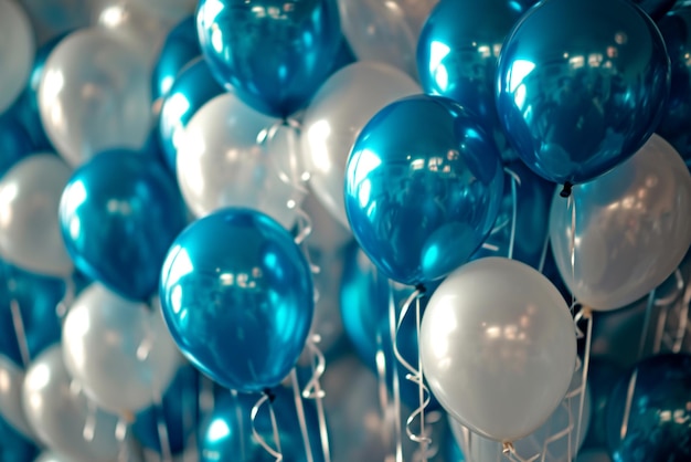 Blue and white balloons on a blue background