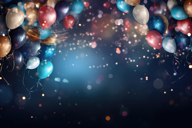 Blue and white balloons in dark room with sparkling lights 3D Rendering Party Background with lights confetti balloons and serpentine AI Generated