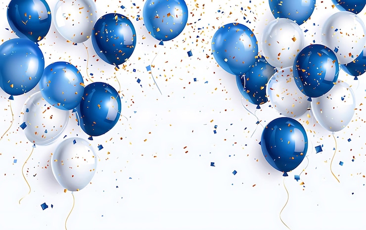 Photo blue and white balloons with confetti on blue background