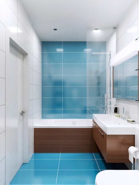 Blue and white bathroom with brown wooden futnirute in contemporary style