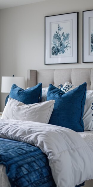 Photo blue and white bedroom with coastal theme