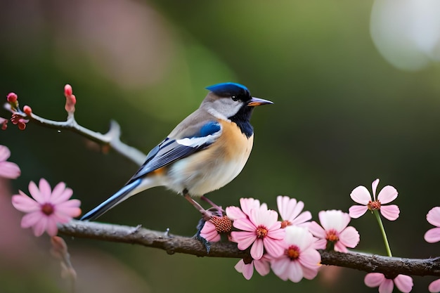 a blue and white bird is sitting on a branch with pink flowers.