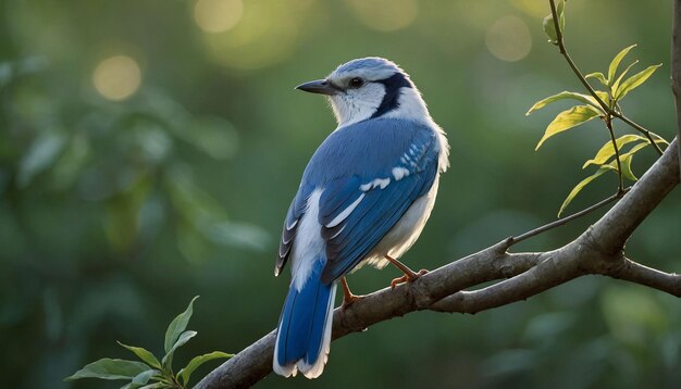 A blue and white bird perched gracefully on a slender tree branch its feathers shimmering in the so