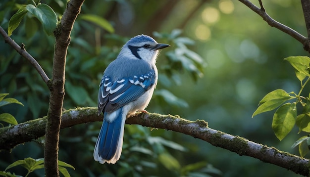 Photo a blue and white bird perched gracefully on a slender tree branch its feathers shimmering in the so