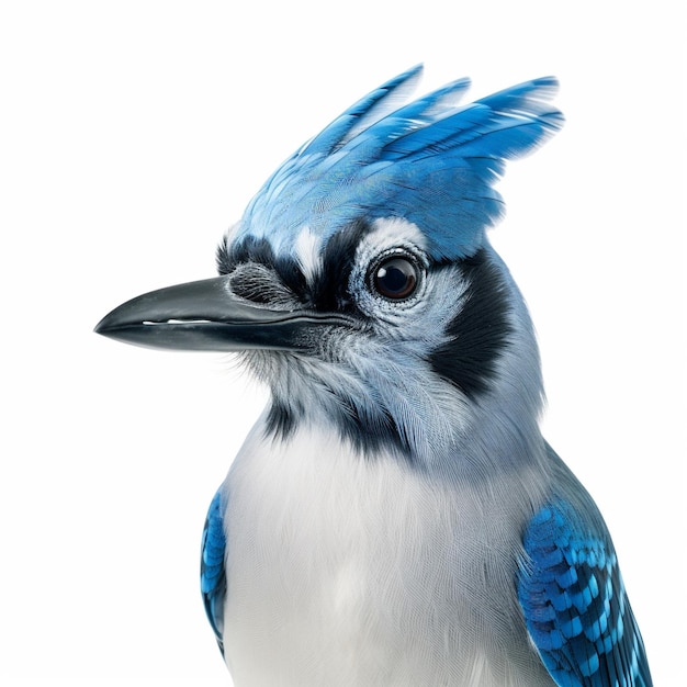 a blue and white bird with a black beak that says " the blue feathers ".