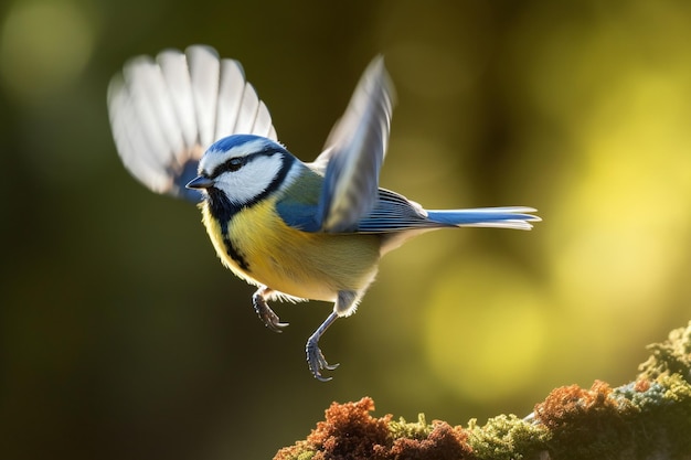 a blue and white bird with a blue tail is flying in the air.