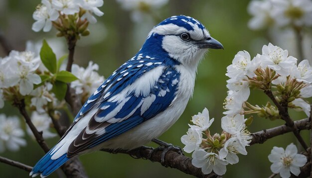 Blue and white bird with its vibrant plumage and intricate patterns sits on a tree branch adorned w