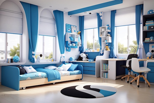 Blue white black cozy and modern beautiful room for little kids and teenagers living children39s room modern design creative layout toys and study attributes cribs bright window child baby interior