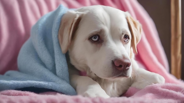 A blue and white blanket with a pink nose is shown