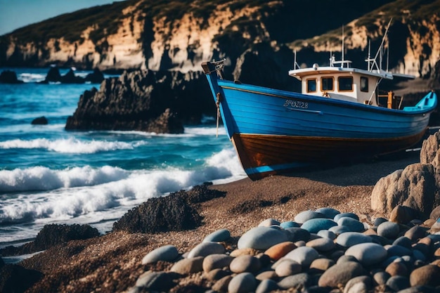 a blue and white boat is on the beach and the waves are crashing on the rocks