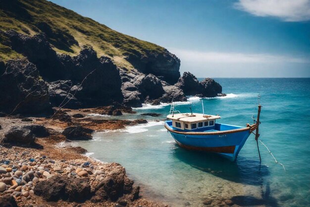 Photo a blue and white boat is in the water near a rocky cliff