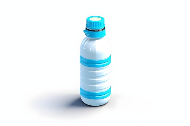 A blue and white bottle with a blue cap sits on a white background.