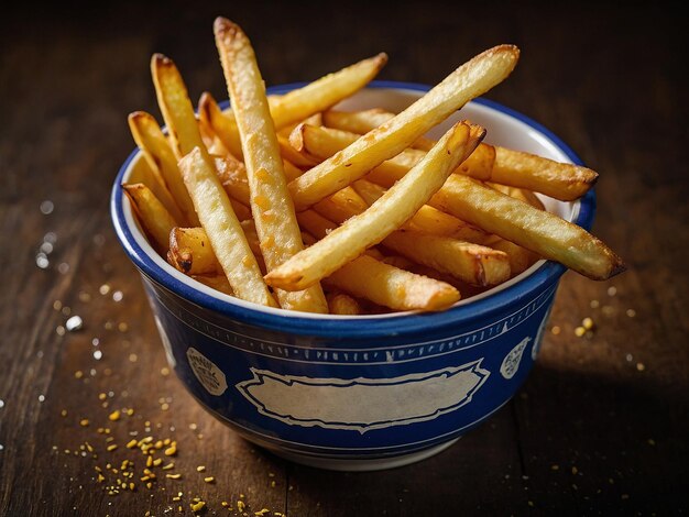 Photo a blue and white bowl of french fries with a white state on the side