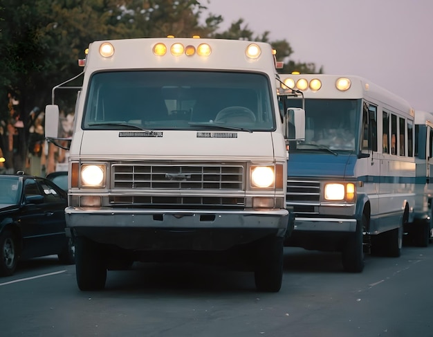 a blue and white bus with the word  bus  on the front