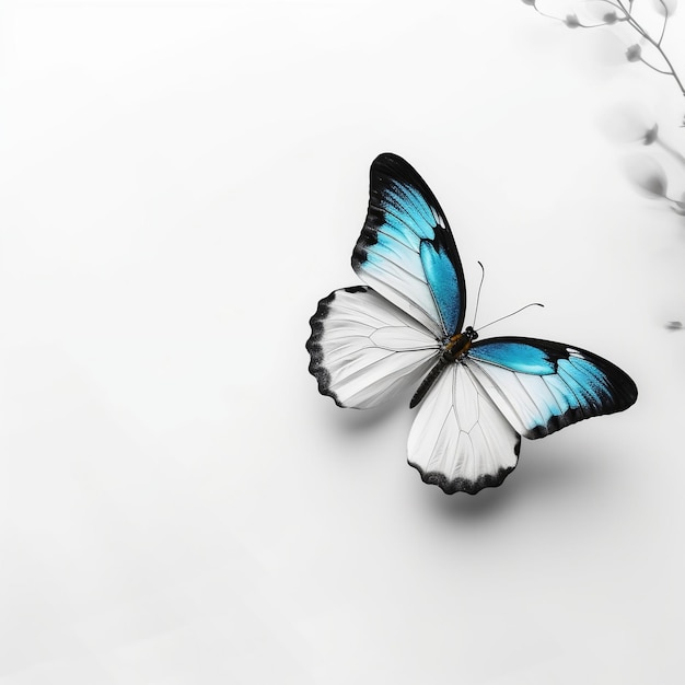 A blue and white butterfly is on a white background with a branch of flowers.