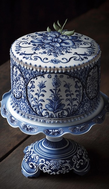 Бело-голубой торт с цветочным орнаментом на лицевой стороне.