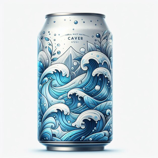 a blue and white can of cave on the side of a white background