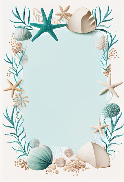 Photo a blue and white card with a seashell and starfish on it.