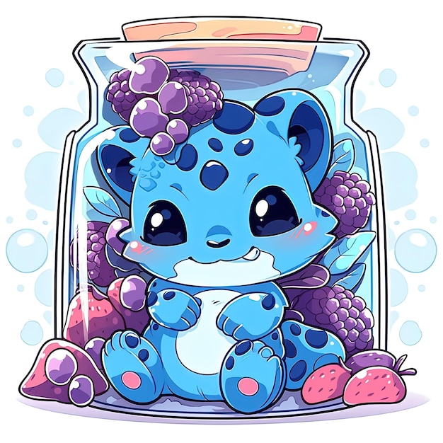 A blue and white cartoon of a blue and white cat with a blue and white face sits in a glass jar of berries.