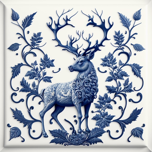 A blue and white ceramic tile with a deer and leaves.