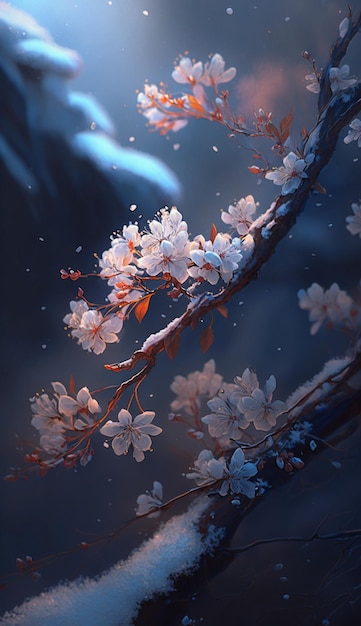 A blue and white cherry blossom tree with a blue background