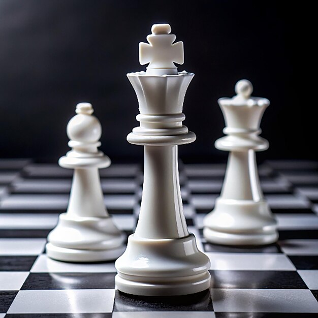 Photo blue white chess pieces a closeup view of white plastic chess pieces in front is the king with rook and queen behind black and white checkered board