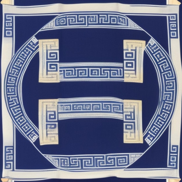 a blue and white cloth with the letters e g