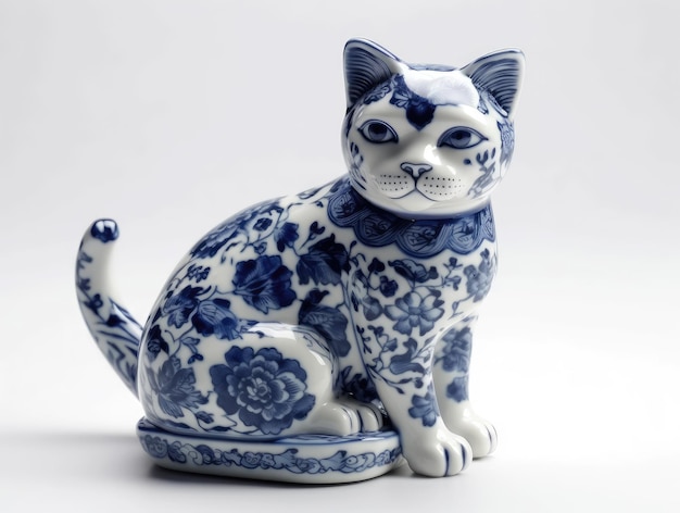 Blue and white color porcelain cute cat figure on white background