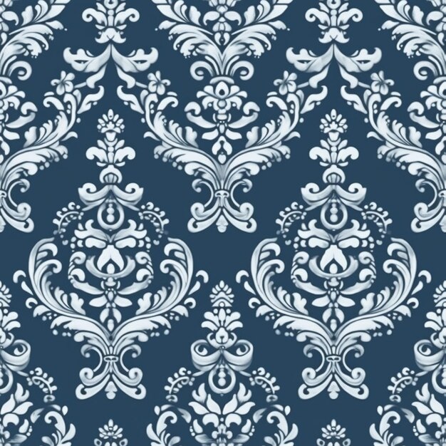 A blue and white damask with swirly designs on it generative ai