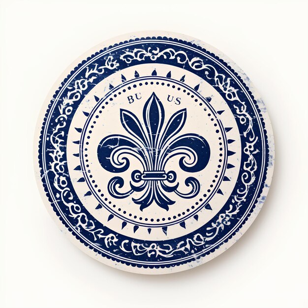 A blue white design is shown on a plate with fleur de lis on it