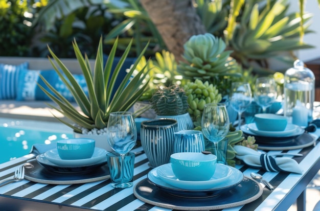 青と白のディナーテーブルのセットで皿と植物があります
