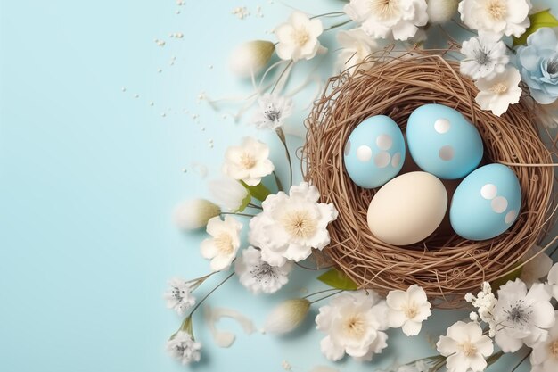 Blue and white Easter eggs in nest with flowers by generative Ai