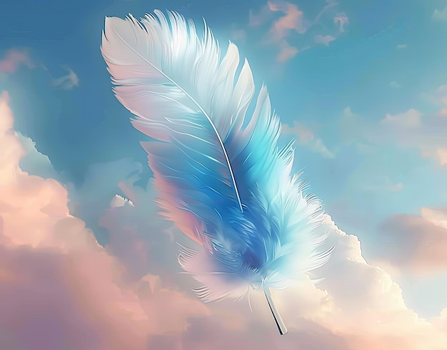 a blue and white feather with a blue background of clouds and a wing that says quot blue quot