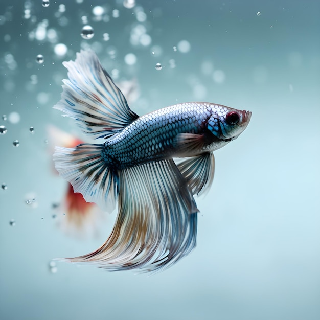 A blue and white fish is swimming in a bubble filled tank.