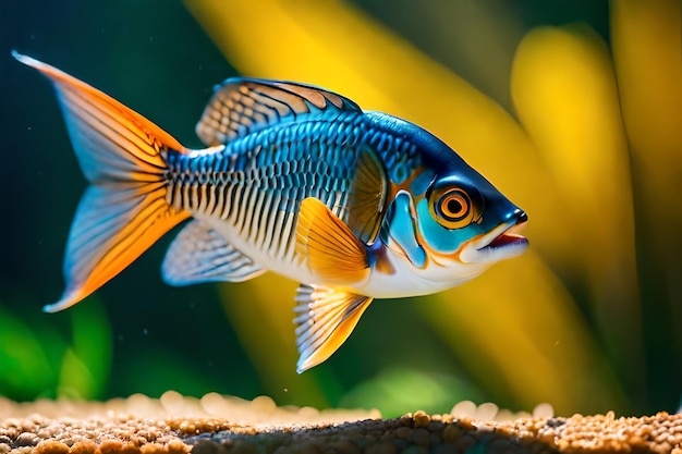 a blue and white fish with orange and white stripes