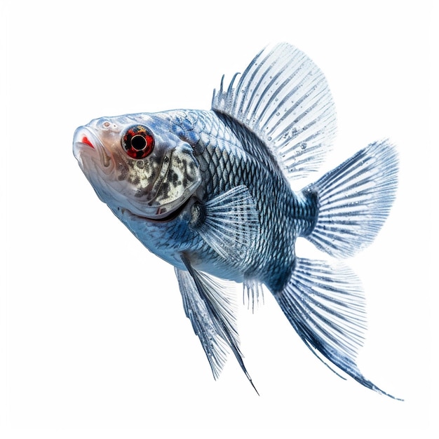 A blue and white fish with a red eye is shown.