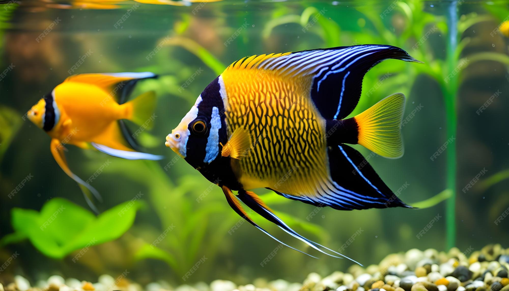 Premium Photo | A blue and white fish with a yellow and black striped tail