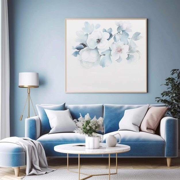 A blue and white floral art print hangs on a wall above a blue couch.